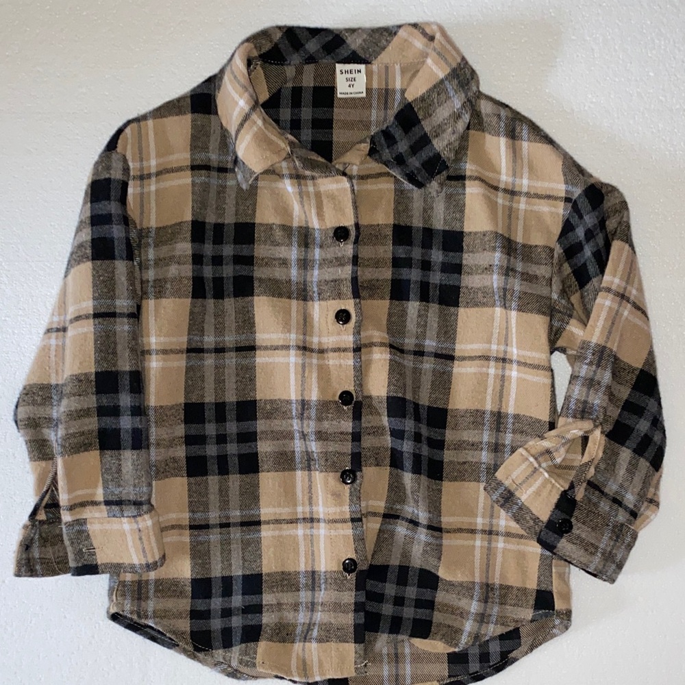 SHEIN • Black and Tan • Plaid • Button Down Shirt